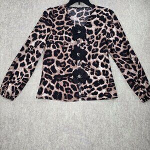 Womens Long Sleeve Leopard Print Blouse With Decorative Black Flower Accents